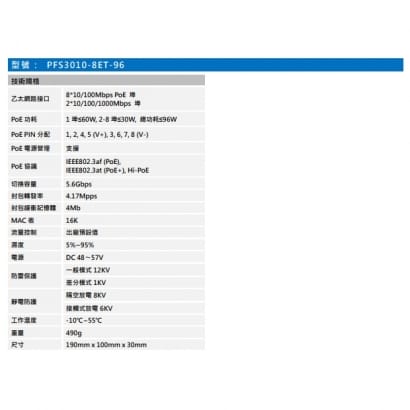 聲寶  PFS3010-8ET-96 8埠網路PoE交換器(非網管型)