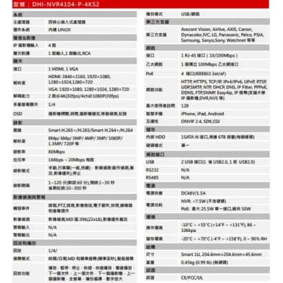 大華  DHI-NVR4104-P-4KS2 4 路 1U 4PoE 4K H.265 網路影像錄影機