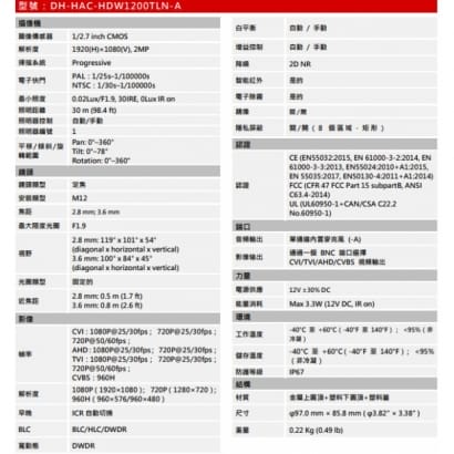 大華  DH-HAC-HDW1200TLN-A 2MP HDCVI紅外線攝影機