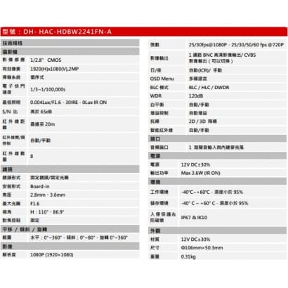 大華  DH-HAC-HDBW2241FN-A 專業型1080P HDCVI 星光級紅外線攝影機