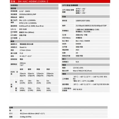 大華  DH-HAC-HDBW1230RN-Z 2MP星光HDCVI紅外線半球型攝影機