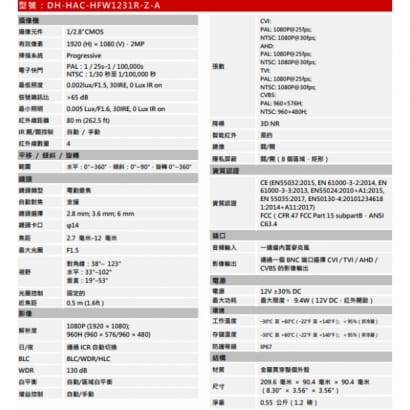 大華  DH-HAC-HFW1231R-Z-A 2MP 星光 HDCVI 紅外彈型攝影機