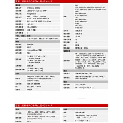 大華  DH-HAC-HFW1500CMN-A 5MP星光HDCVI紅外子彈攝影機