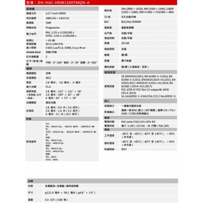 大華  DH-HAC-HDW1500TMQN-A 5MP星光HDCVI半球型攝影機