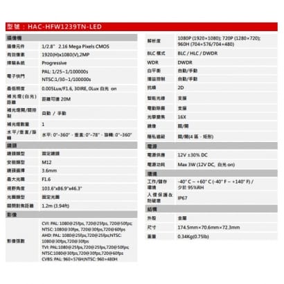 大華  HAC-HFW1239TN-LED 2MP全彩星光HDCVI槍型攝影機