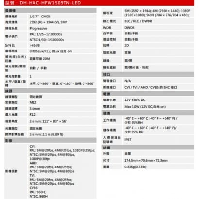 大華  DH-HAC-HFW1509TN-LED 5MP全彩星光HDCVI槍型攝影機