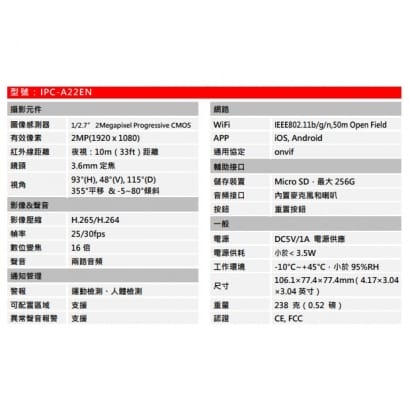 大華  IPC-A22EN 1080P H.265 PTZ 網路攝影機