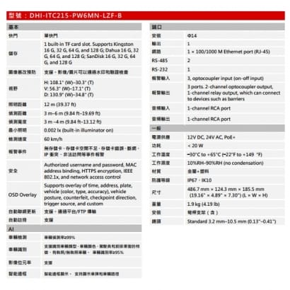 大華  DHI-ITC215-PW6MN-LZF-B 2MP車牌辨識攝影機