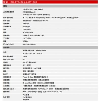 大華  DH-PFS4226-24ET-240 24 埠 PoE 網路交換器