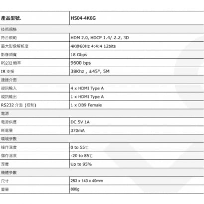 HS04-4K6G 4K 60Hz 4進1出HDMI切換器