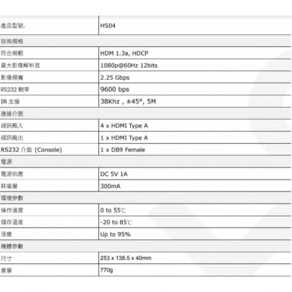 HS04 4進1出 HDMI 切換器