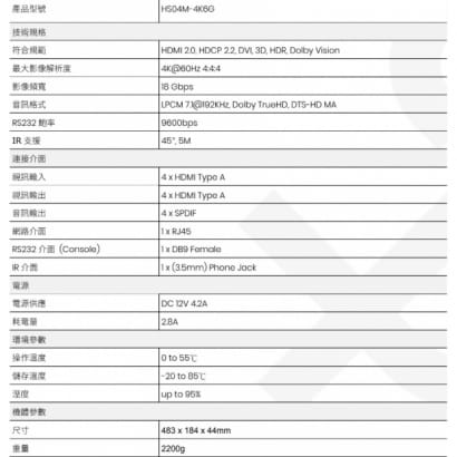 HS04M-4K6G 4K 60Hz 4進4出 HDMI 矩陣切換器