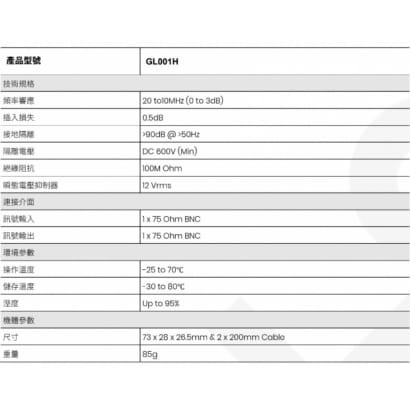 GL001H 高性能影像同軸接地隔離器