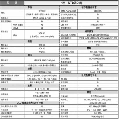 環名HME HM-NT165D(R) 16路 H.265 5M 3硬碟 4合一 數位錄影主機