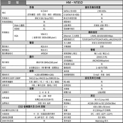 環名HME HM-NT85D 8路 H.265 5M 雙硬碟 4合一 數位錄影主機