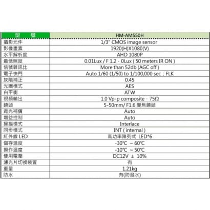環名 HM-AM550H 50米 AHD 高畫質 紅外線彩色攝影機