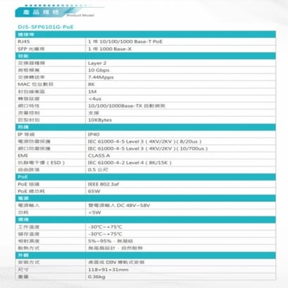 DJS-SFP6101G-PoE 1埠SFP+1埠PoE 工業級 網路光電轉換器