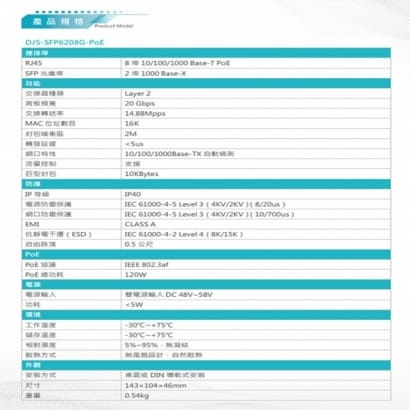 DJS-SFP6208G-PoE 2埠SFP+8埠PoE 工業級 網路光電轉換器