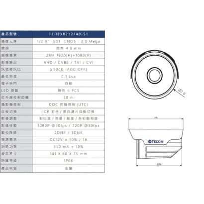 TE-HDB212F40-S1 200萬 多合一高清攝影機