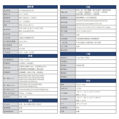 TE-IPB60508F36-MI 800萬 紅外線智能網路攝影機