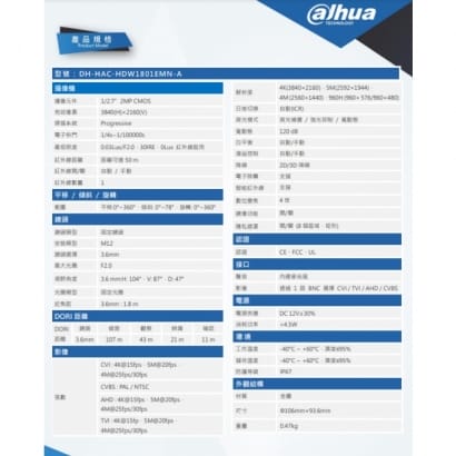 大華 DH-HAC-HDW1801EMN-A 800萬 聲音紅外線半球型攝影機