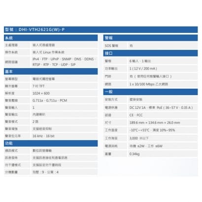 大華 DHI-VTH2621G(W)-P 7吋 觸控式保全影像網路室內機