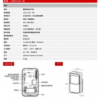 大華 ARD1231-W IoT 無線PIR感測器