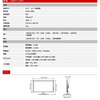 大華 LM22-L200 22吋工業級監視專用液晶螢幕