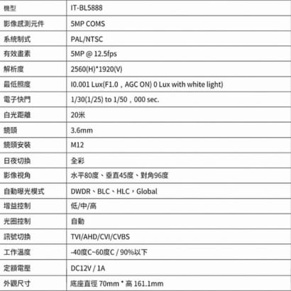 ICATCH可取 IT-BL5888 500萬畫素 全彩同軸音頻管型攝影機