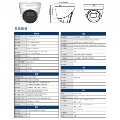東訊 TE-IPE60502F28-MW 200萬 紅外線寬動態半球網路攝影機