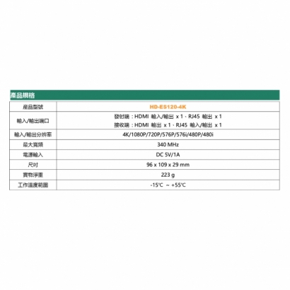 HD-ES120-4K 4K 120米 HDMI網線延長器規格