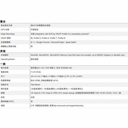 ACTi A314 600萬 POE供電 紅外線65M 物聯網資安認證 紅外線迷你槍型攝影機