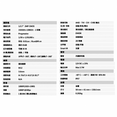 聲寶 VK-TWK2006A 200萬 紅外線槍型攝影機