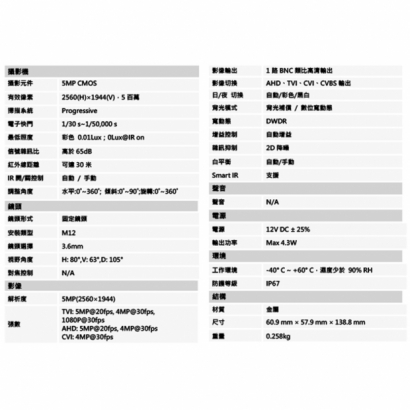 聲寶 VK-TWK5006 500萬 紅外線槍型攝影機