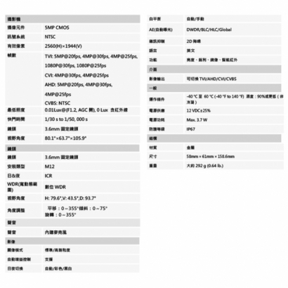 聲寶 VK-TWK5006A 500萬 類比高清紅外線槍型攝影機