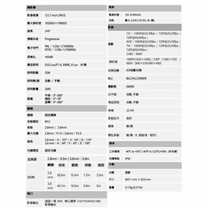 聲寶 VK-TW2100DWTRQ 200萬 紅外線半球型攝影機