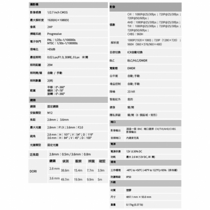 聲寶 VK-TW2100DWTRQA 200萬 紅外線半球型攝影機