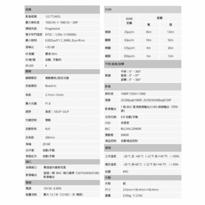 聲寶 VK-TW2100FWRZA 200萬 HDCVI 紅外槍型攝影機