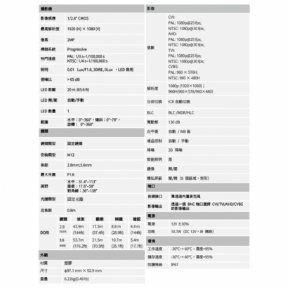 聲寶 VK-TW2139DWTLAL 200萬 全彩 HDCVI 攝影機