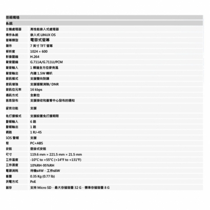 聲寶 VP-A5721-B 7吋 觸控式 保全影像 網路型 室內機