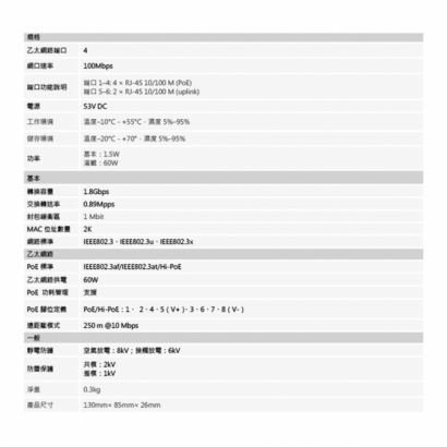 聲寶 PFSC3116-4ET60 4埠 非網管型 PoE 交換器